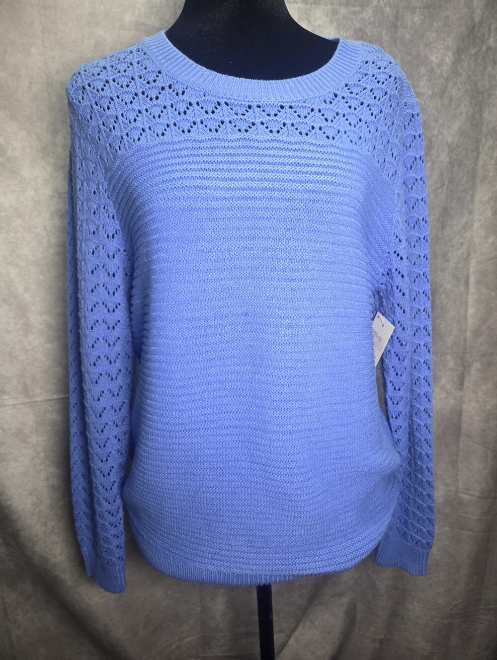 Open-Stitch Scoop Neck Sweater in Cornflower Blue